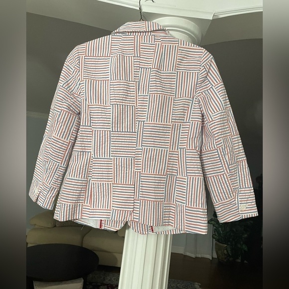 Talbots Seersucker stripe Patchwork Blazer women. Color Rd, white, Blue - Picture 2 of 6